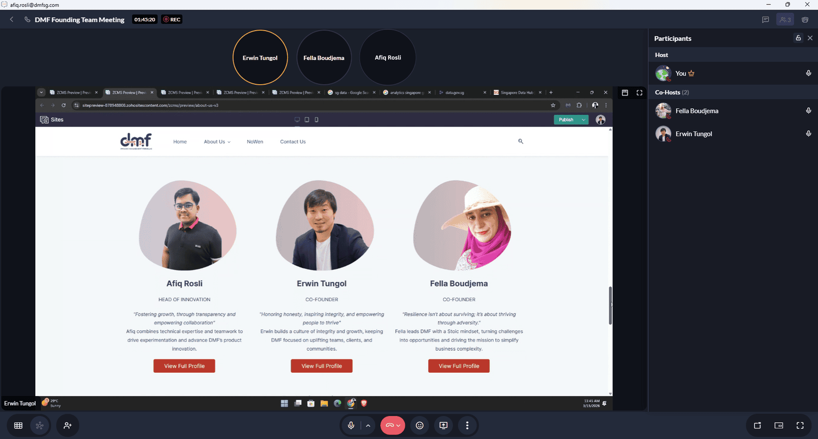 DMF founding team in remote online meeting sharing About Page screen — built after blind spots collapsed startups