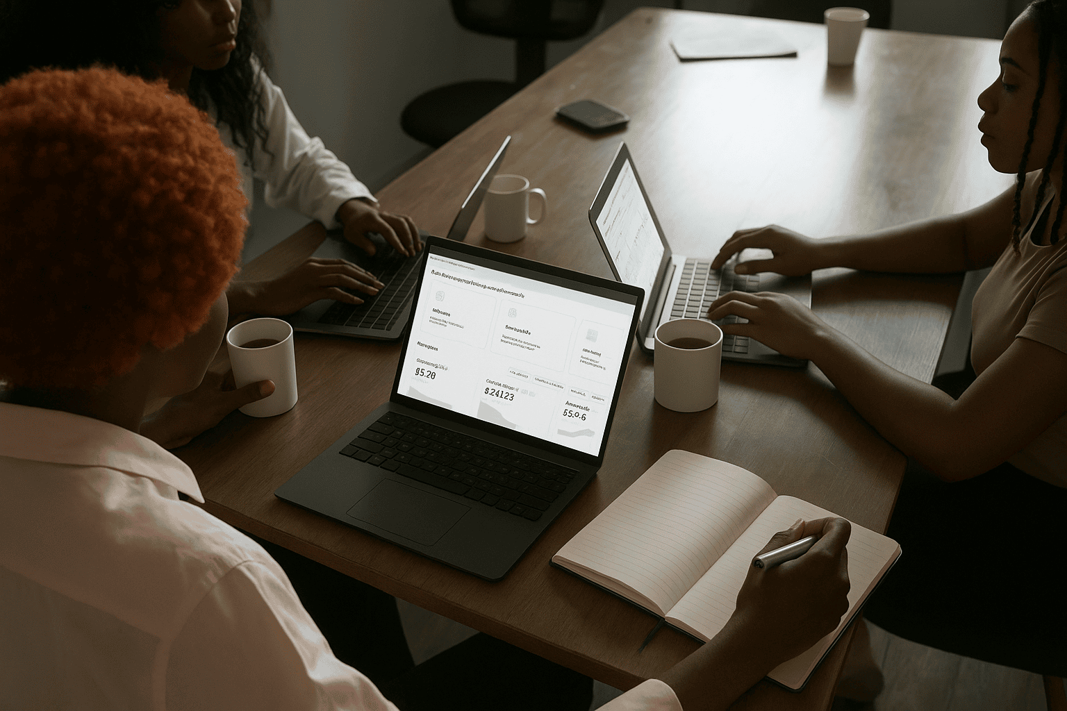 Three female founders at desk reviewing dashboard - DMF mission: expose blind spots, prevent silent collapse